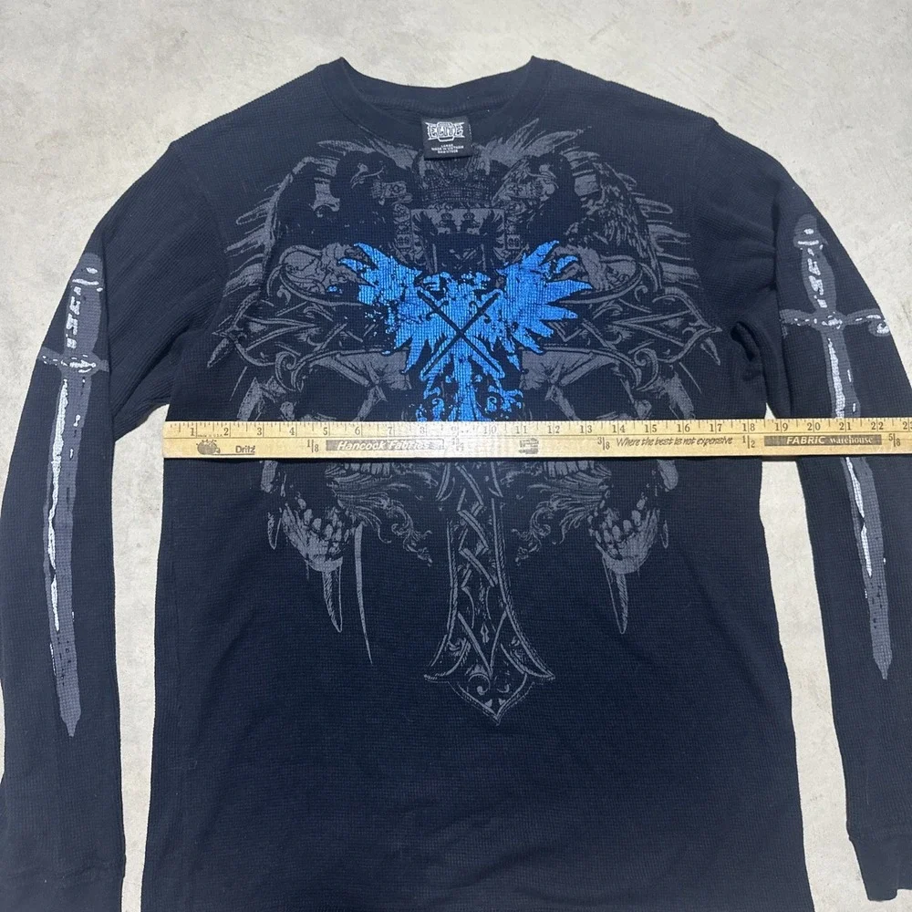 MMA Elite Men's SZ L Black Thermal Graphic Shirt Skulls Cross Phoenix Dagger Y2K